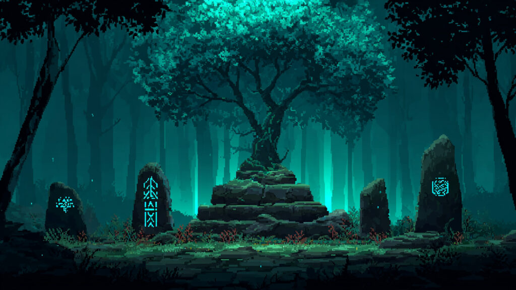 ルーンが灯る森｜ドット絵風の背景イラストのフリー素材