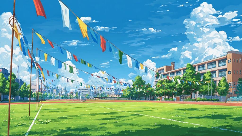 体育祭の校庭｜青空とカラフルな旗