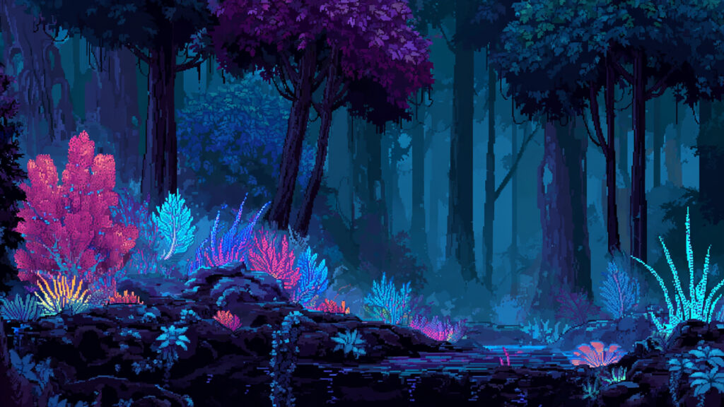 異世界の輝く夜の森｜ドット絵風