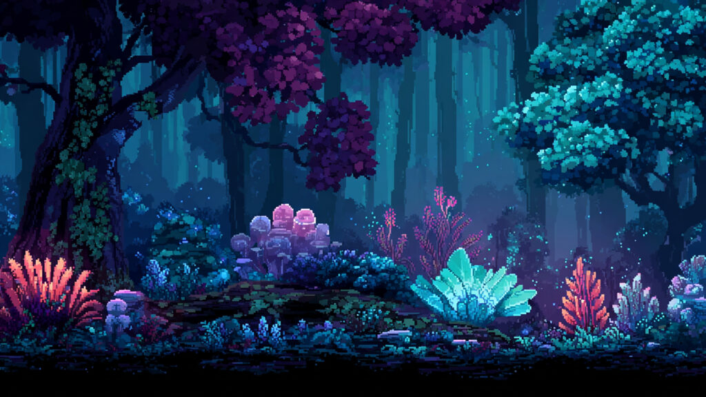 異世界の輝く夜の森｜ドット絵風