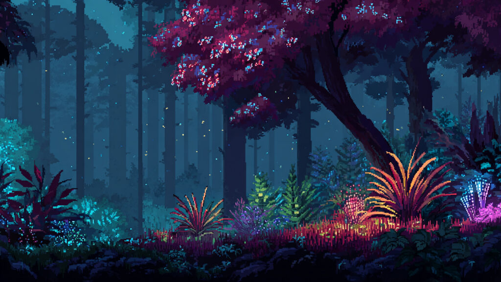 異世界の輝く夜の森｜ドット絵風