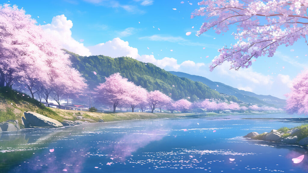 春の川辺と桜並木の背景イラストのフリー素材