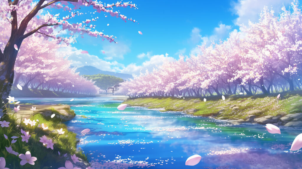 春の川辺と桜並木