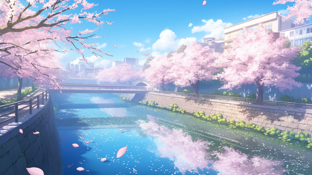 春の川辺と桜並木