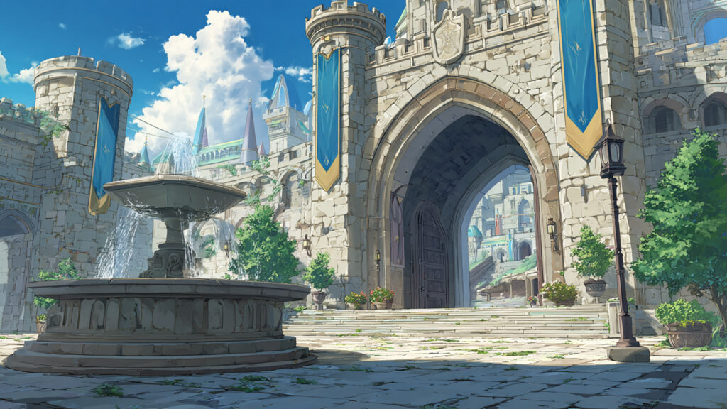 城門前の広場と噴水