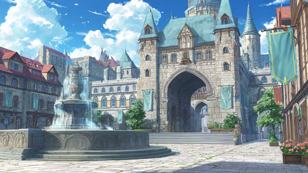 城門前の広場と噴水の背景イラストのフリー素材