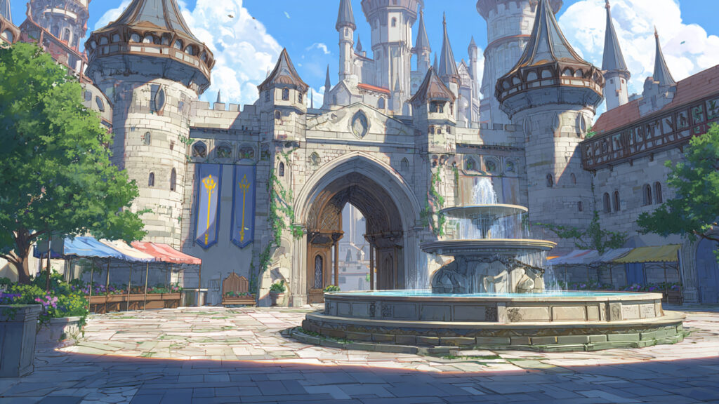 城門前の広場と噴水