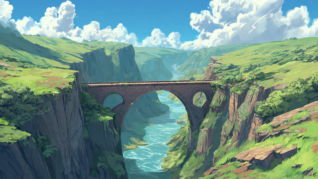渓谷の大橋と青空｜ファンタジー・冒険・旅の途中