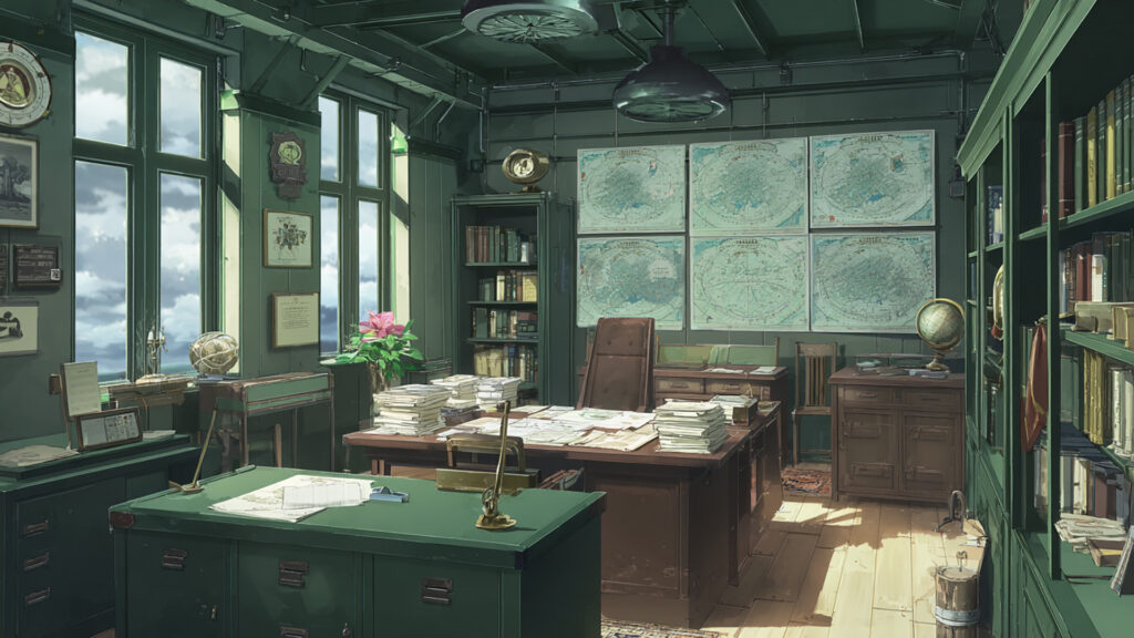 書類と地図に囲まれた司令室