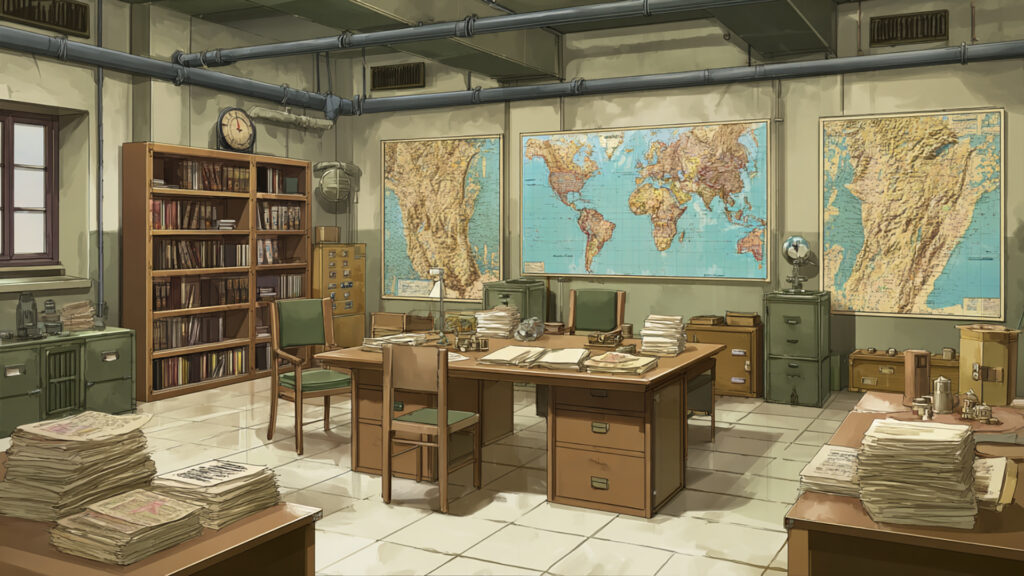 書類と地図に囲まれた司令室