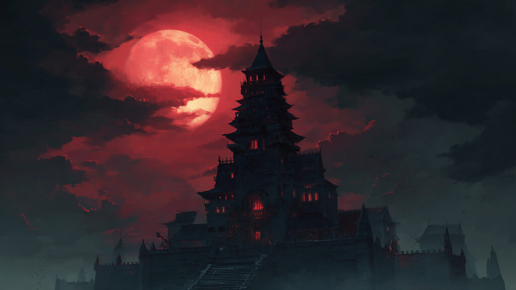  赤い月に照らされた魔城外観