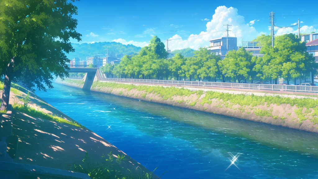 川沿いの木々と青空
