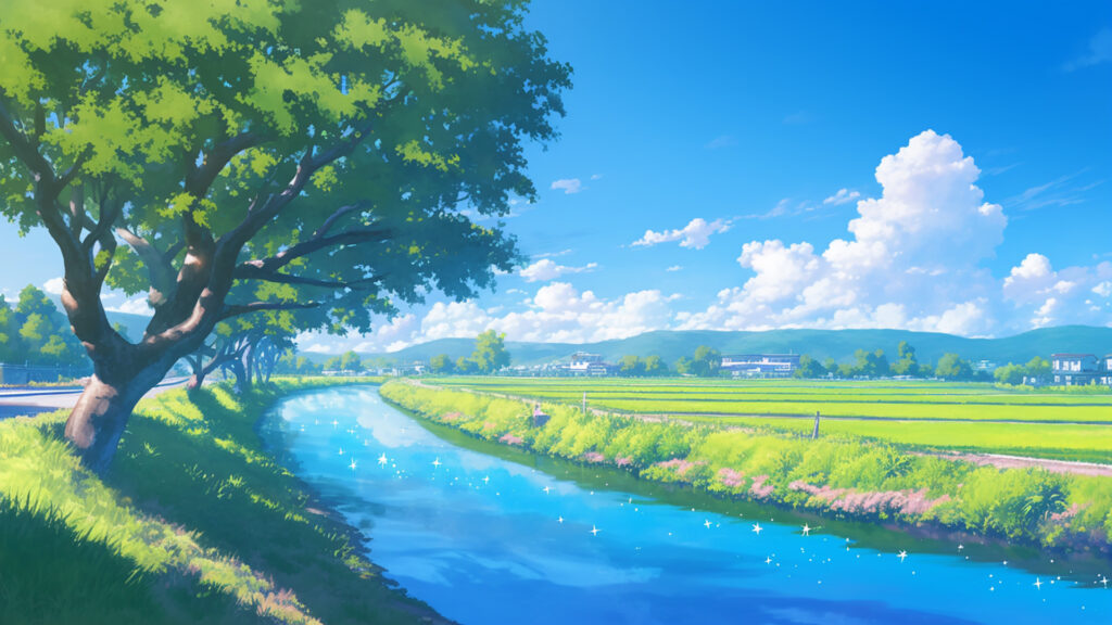 川沿いの木々と青空
