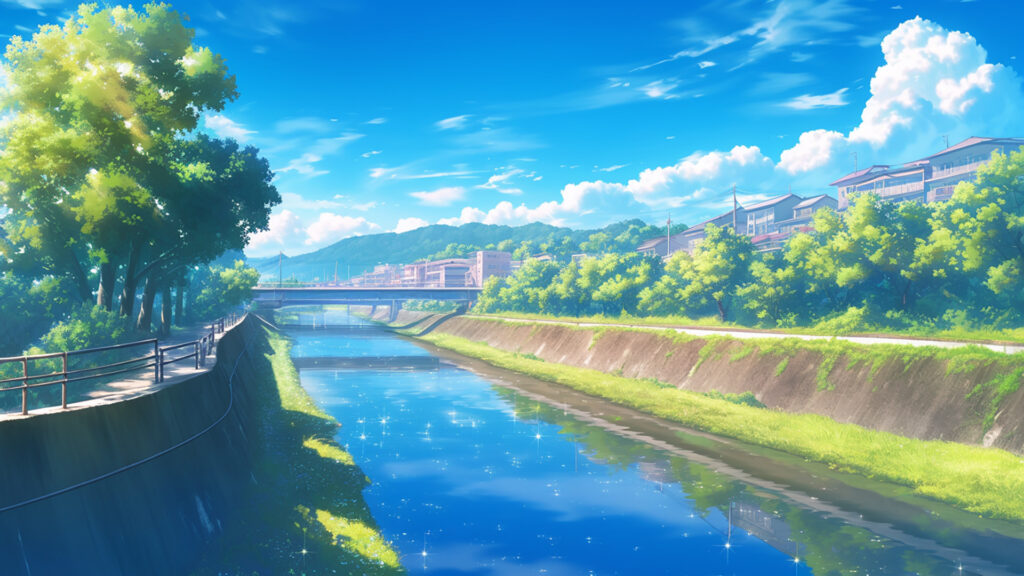 川沿いの木々と青空