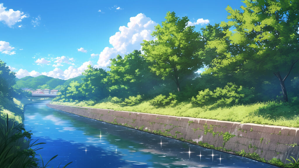 川沿いの木々と青空