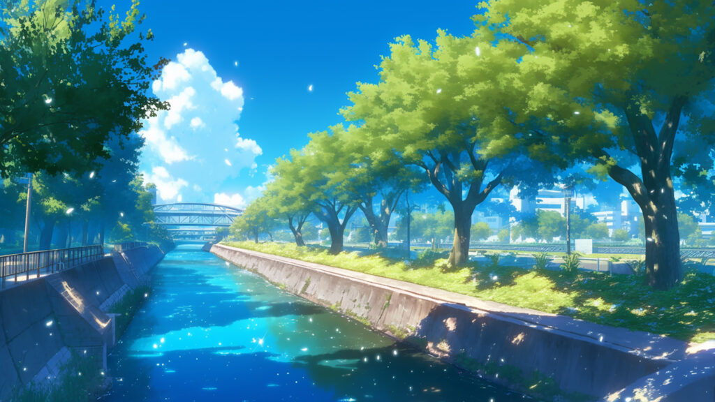 川沿いの木々と青空
