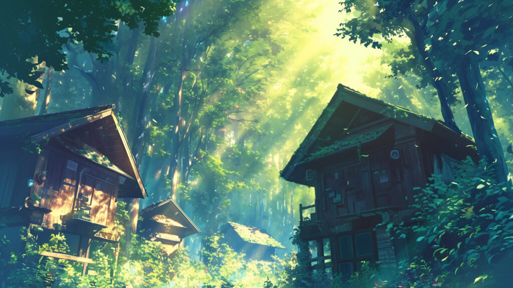 森の中の村の背景イラストのフリー素材