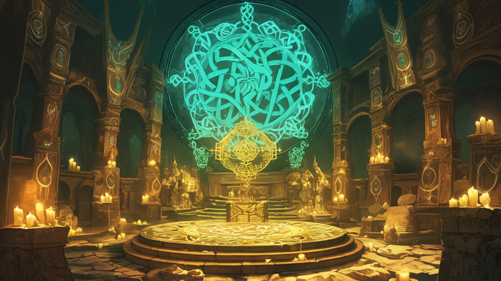 ケルト装飾画風｜儀式の祭壇と光るルーン