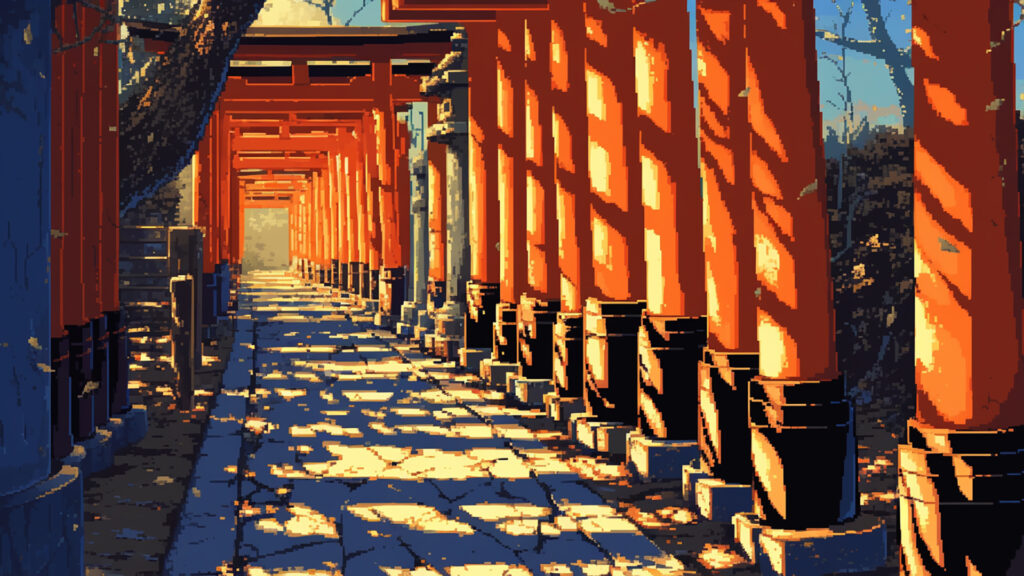 鳥居に囲まれた参道｜ドット絵風