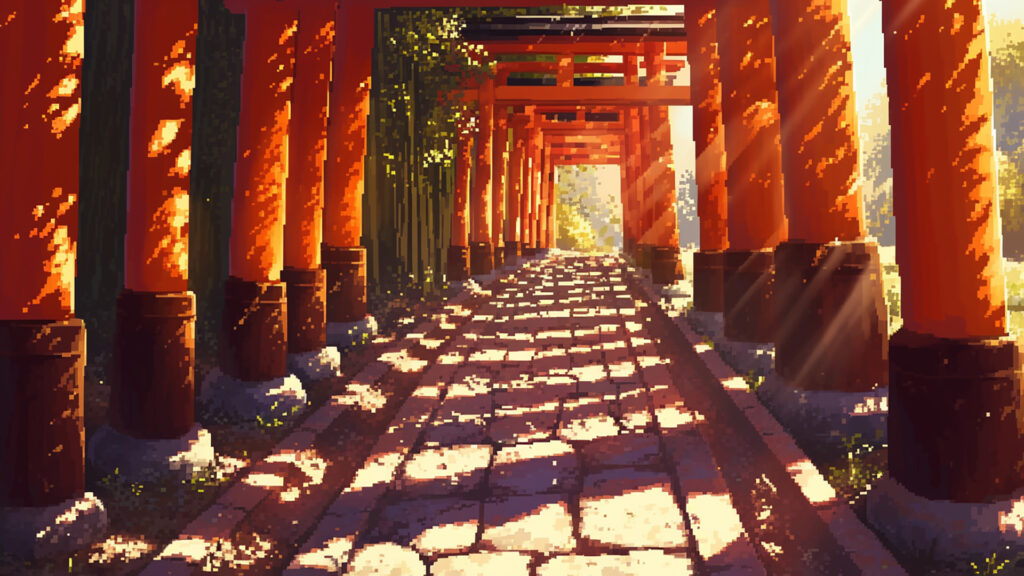 鳥居に囲まれた参道｜ドット絵風