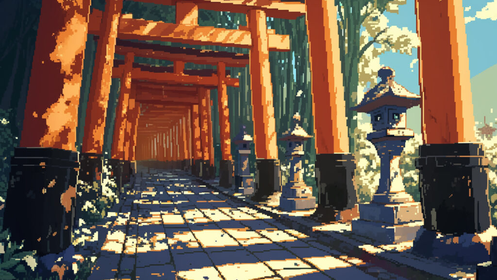鳥居に囲まれた参道｜ドット絵風