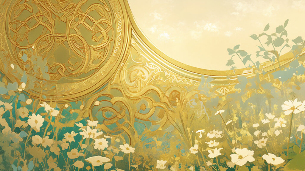ケルト装飾画風｜花咲く丘と金の装飾