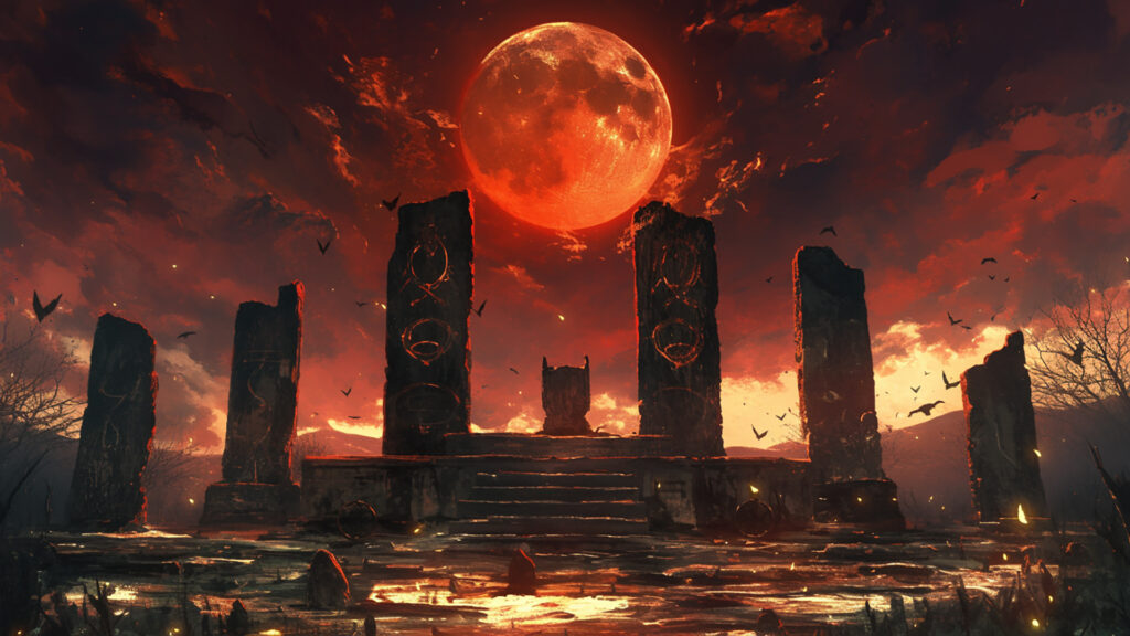 ケルトの月食の儀式｜赤い月と祭壇の神秘的背景素材