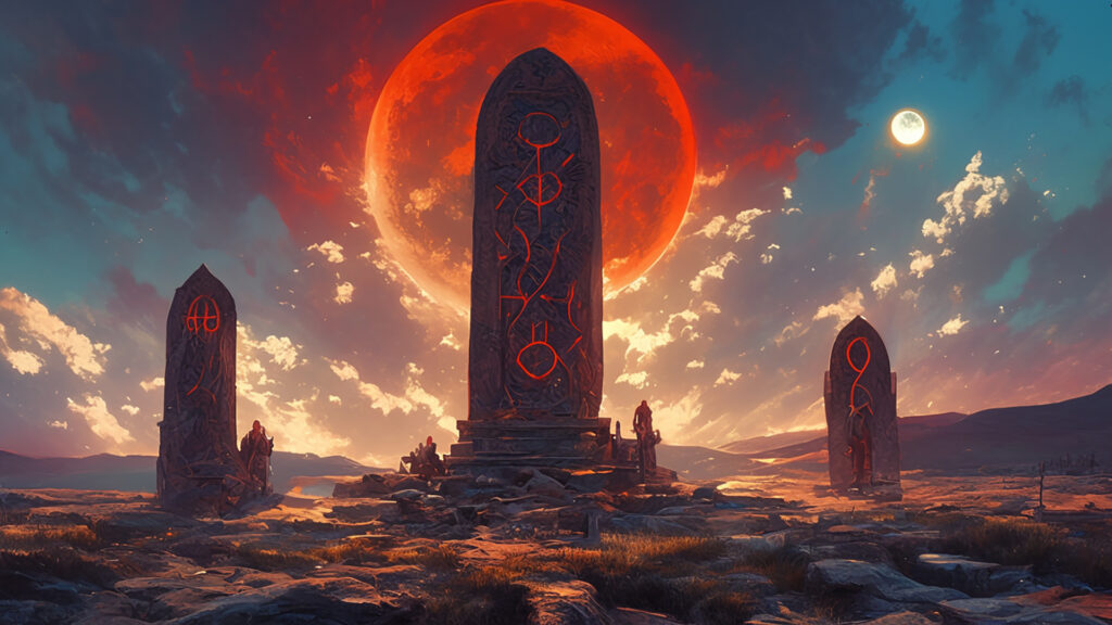 ケルトの月食の儀式｜赤い月と祭壇の神秘的背景素材