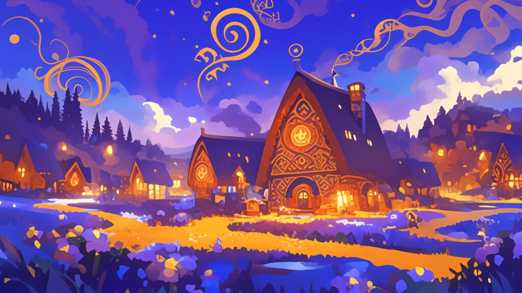 ケルト装飾画風｜夜のケルト村と灯火