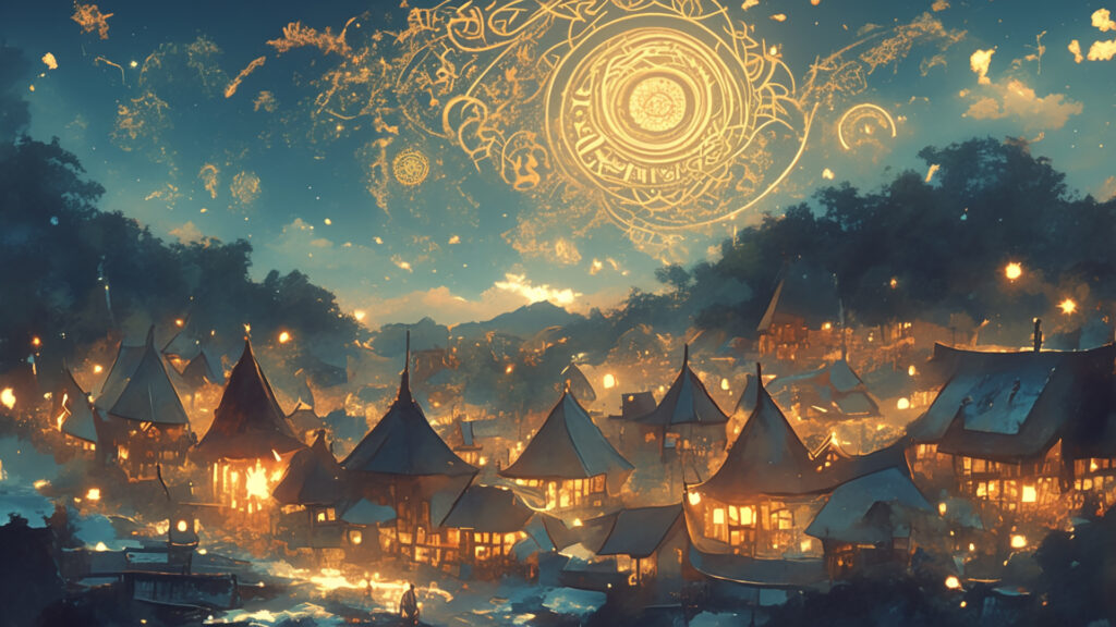 ケルト装飾画風｜夜のケルト村と灯火