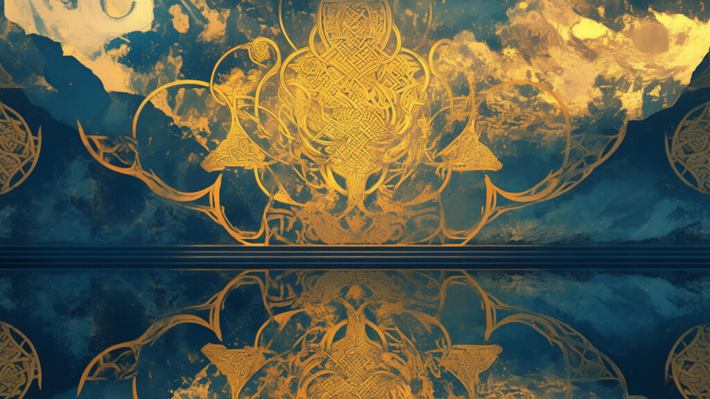 ケルト装飾画風｜幻想の湖と金装飾｜静寂・幻想・ファンタジー