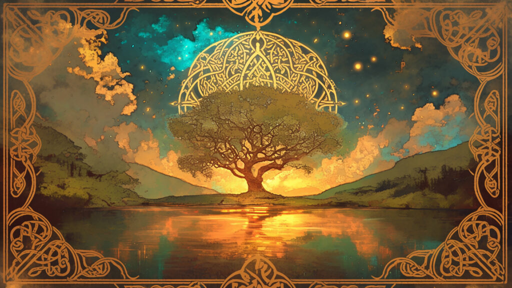 ケルト装飾画風｜幻想の湖と金装飾｜静寂・幻想・ファンタジー