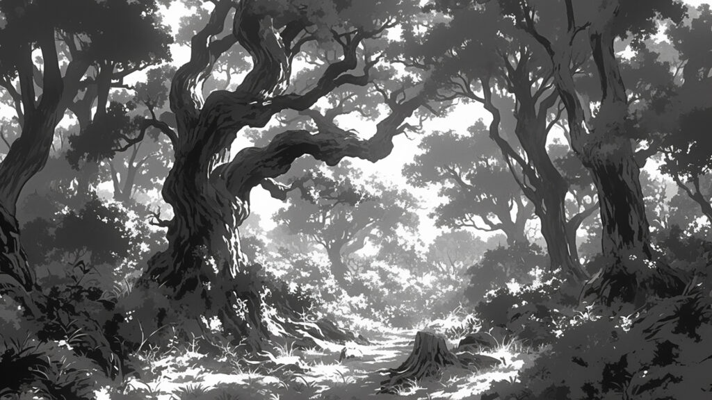 マンガ背景-森小径-モノクロ／トーン