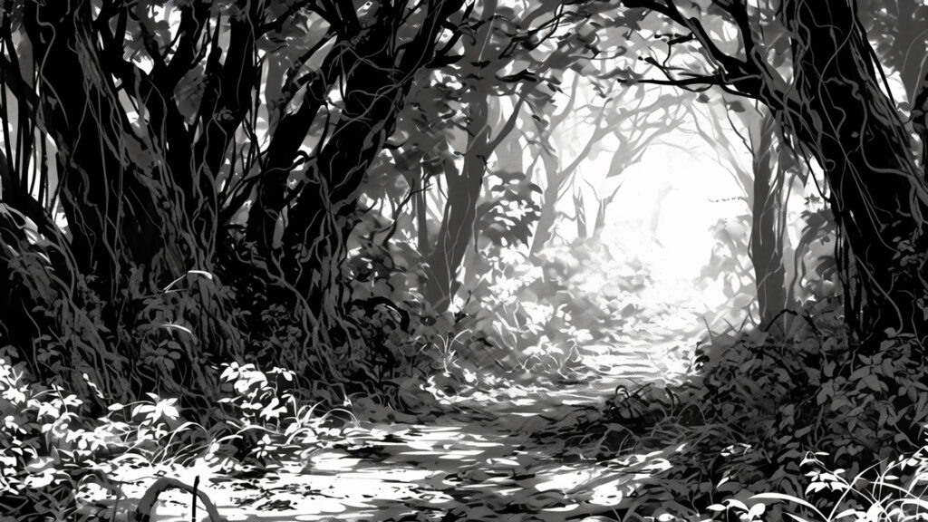 マンガ背景-森小径-モノクロ／トーン