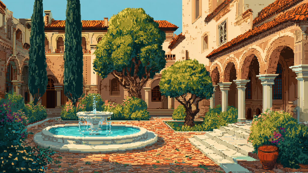 ドット絵風｜宮殿の中庭背景素材