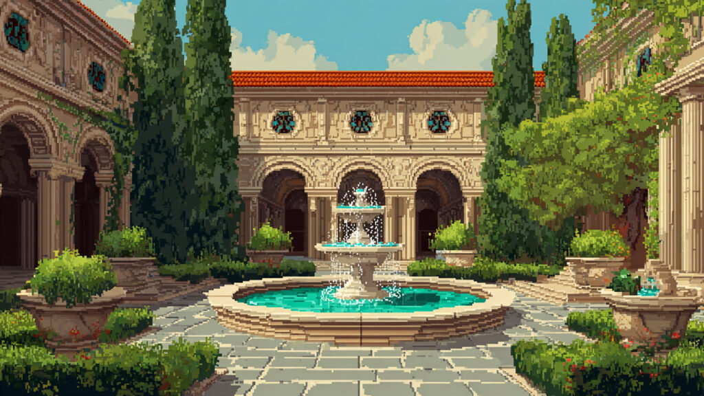 ドット絵風｜宮殿の中庭背景素材