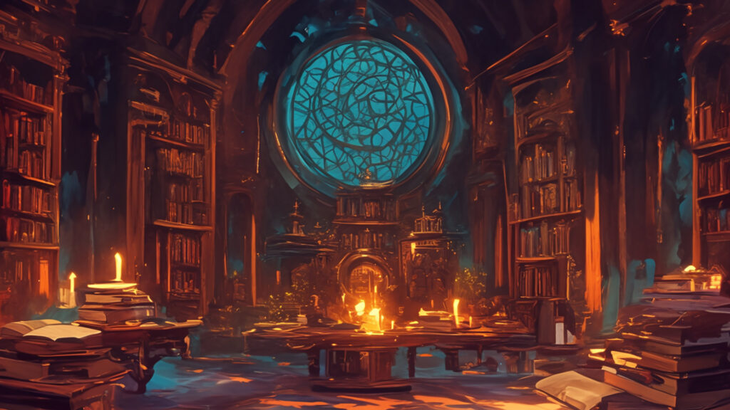 ケルト装飾画風｜古代の書庫と金の装飾写本｜魔導書・知識・幻想的