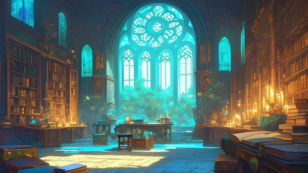 ケルト装飾画風｜古代の書庫と金の装飾写本｜魔導書・知識・幻想的