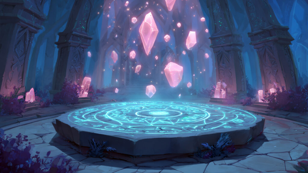 水晶が並ぶ魔導祭壇の背景イラストのフリー素材