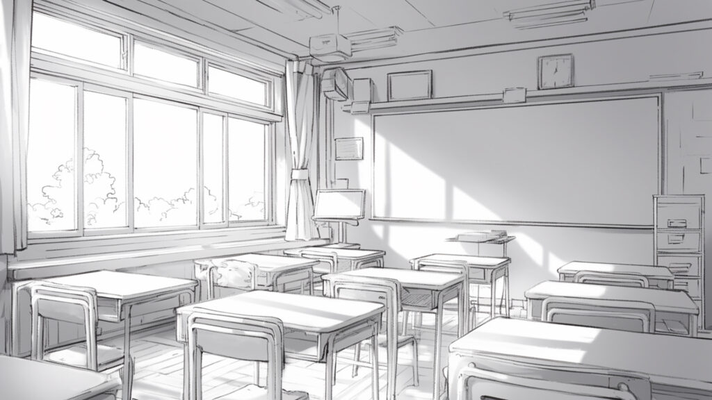マンガ背景｜教室・机・黒板