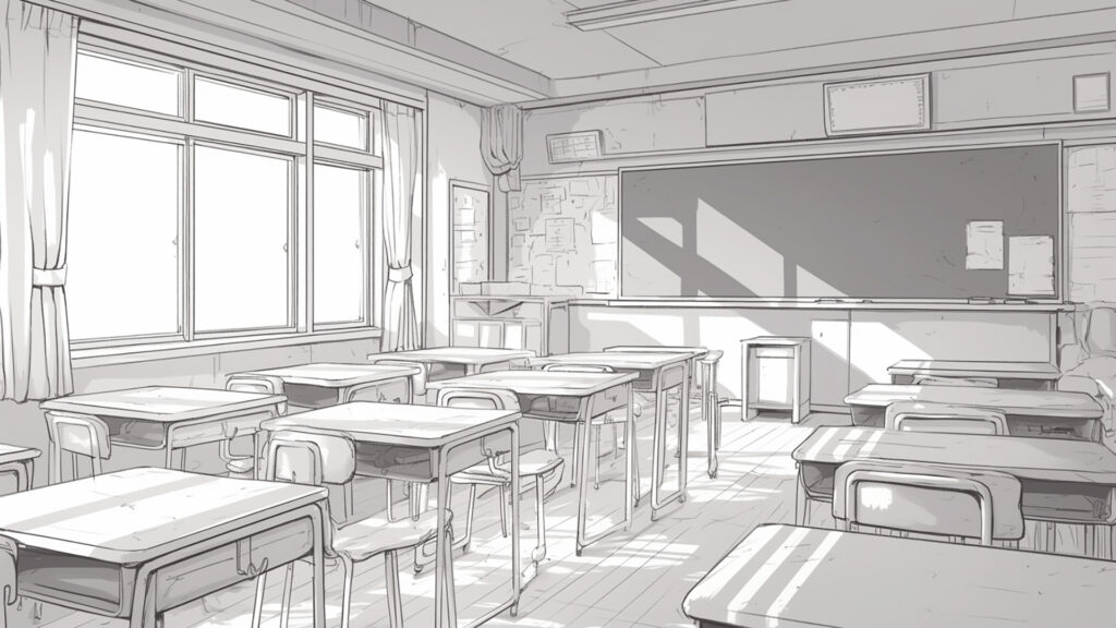 マンガ背景｜教室・机・黒板