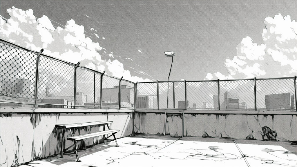 マンガ背景素材｜学校屋上・フェンス・空