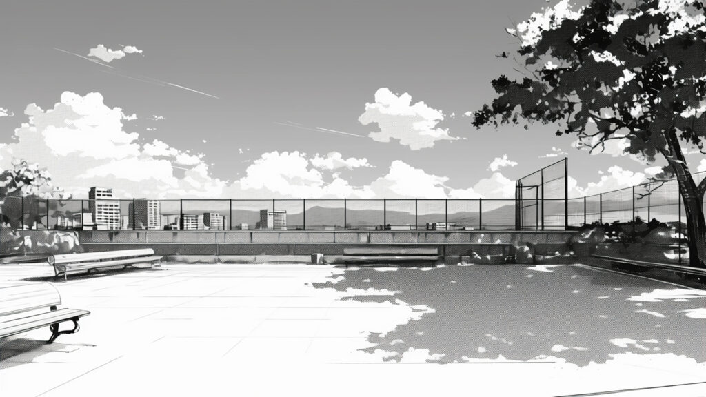 マンガ背景素材｜学校屋上・フェンス・空