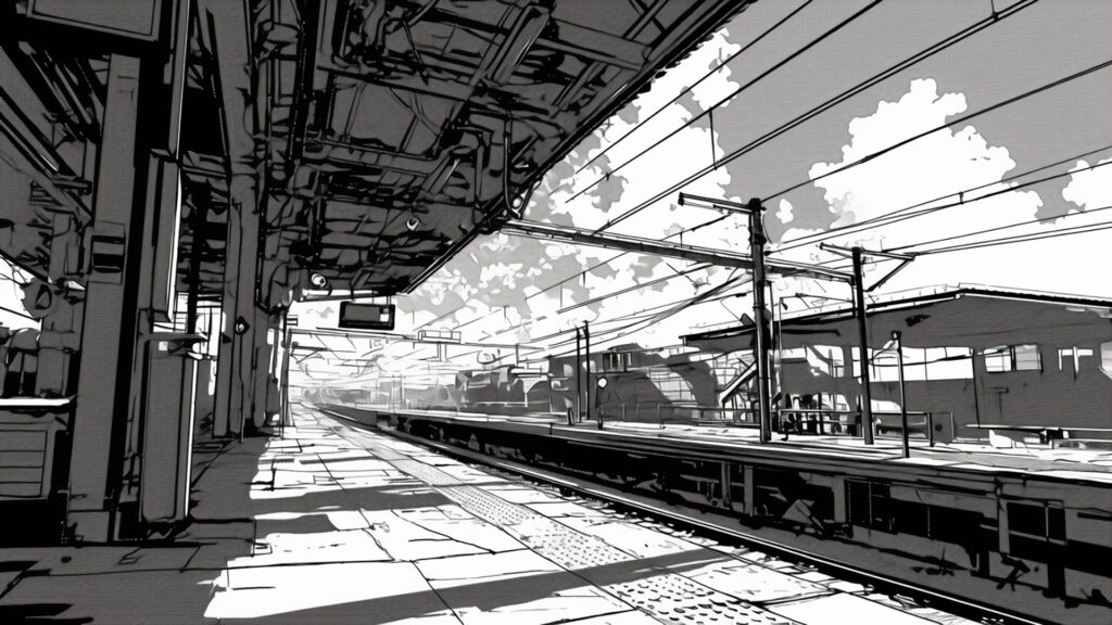 マンガ背景｜駅ホーム・線路・モノクロトーン