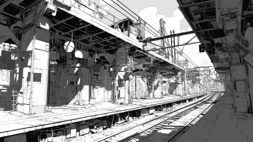 マンガ背景｜駅ホーム・線路・モノクロトーン