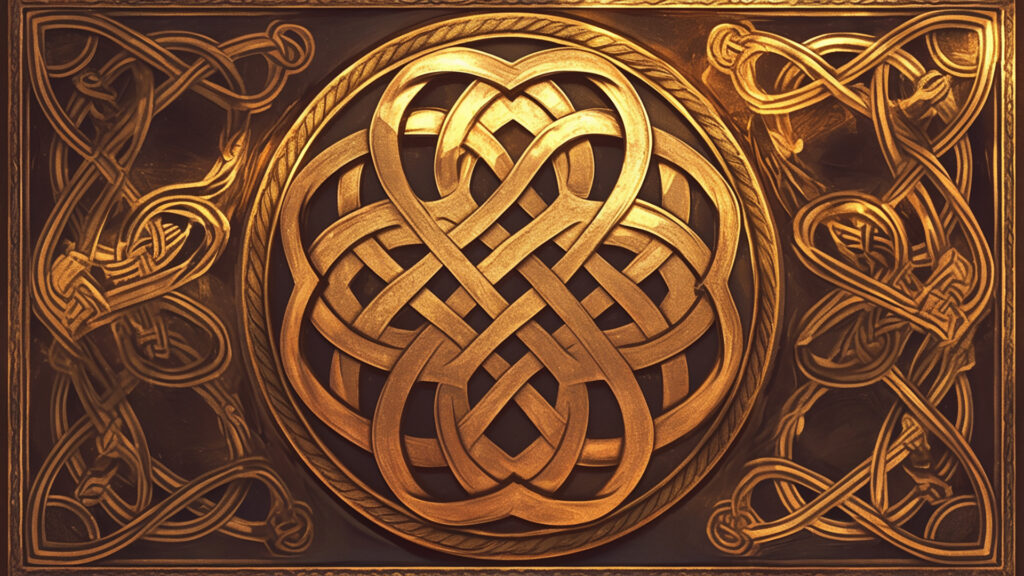ケルトの金属装飾パネル｜ブロンズと彫刻の重厚背景