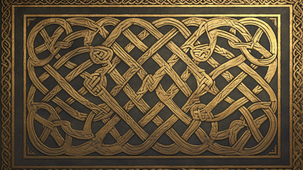 ケルトの金属装飾パネル｜ブロンズと彫刻の重厚背景