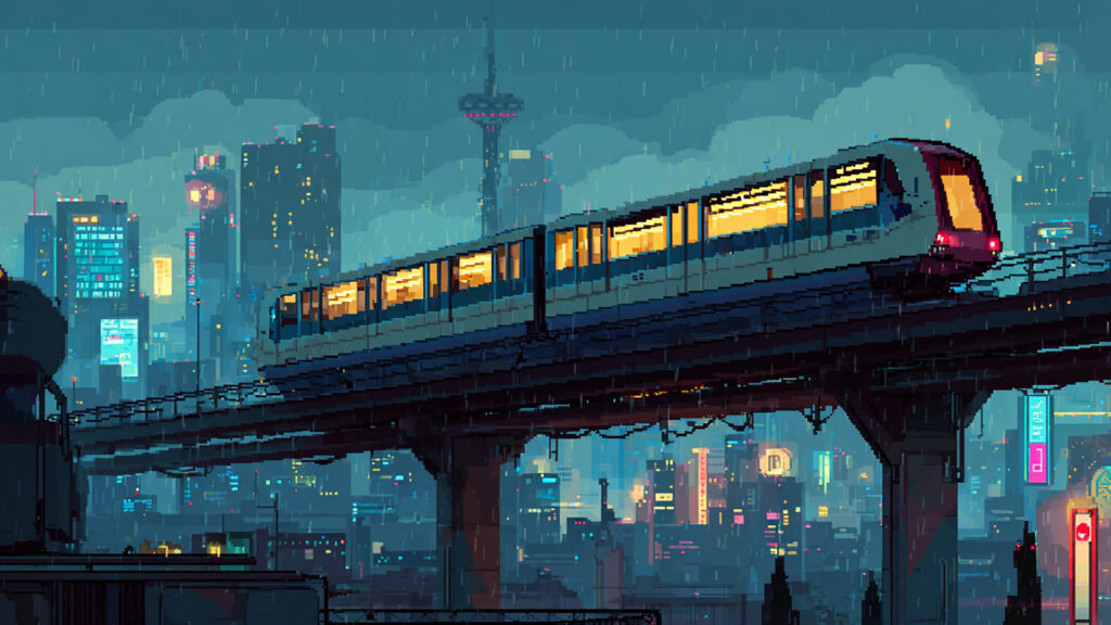 未来都市のモノレールの背景イラストのフリー素材