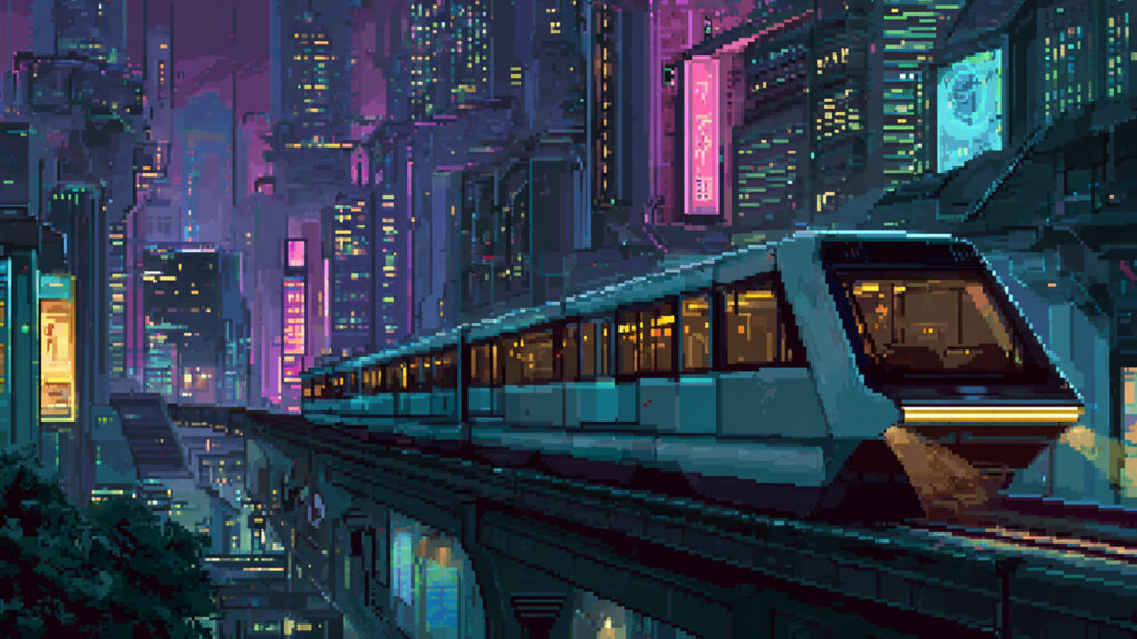ドット絵風｜未来都市のモノレール背景素材