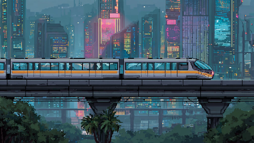 ドット絵風｜未来都市のモノレール背景素材